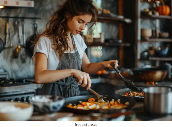Young woman cooking in the kitchen