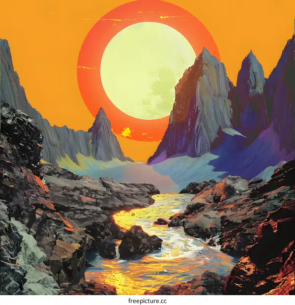 Abstract Mountain Landscape with Sunset and River