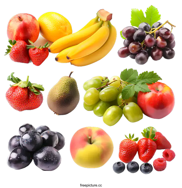 [Transparent Background PNG]Fresh Fruit Collage: Apples, Bananas, Grapes, Strawberries, and Blueberries
