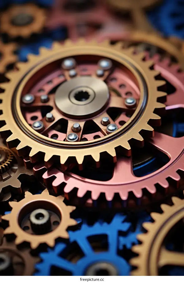 An illustration of a variety of gears in muted colors with a blue background