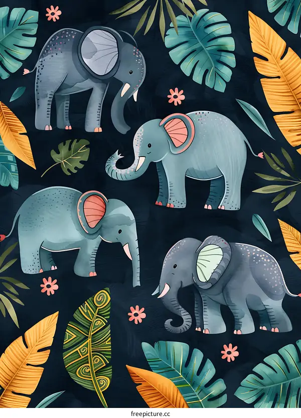 Cute Cartoon Elephants with Tropical Leaves and Flowers