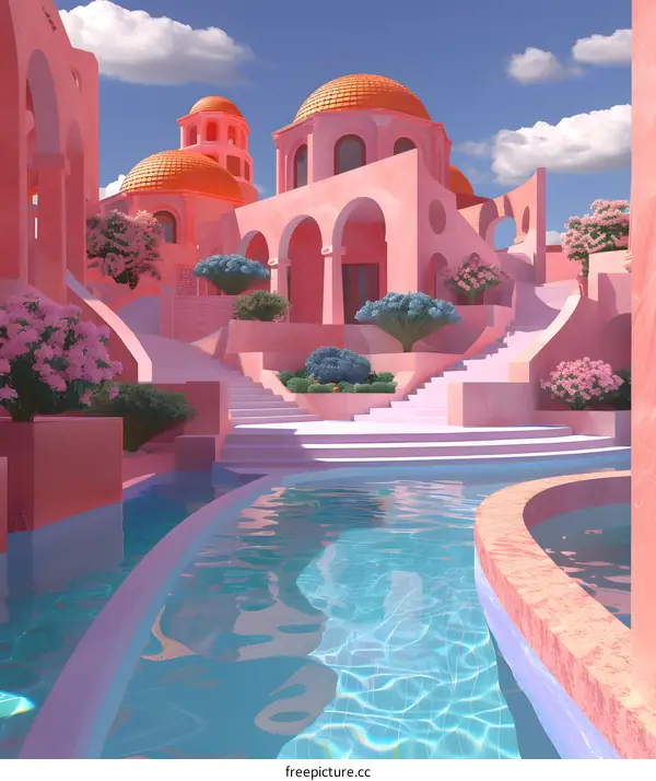 Pink Architectural Design with Domes and Pool