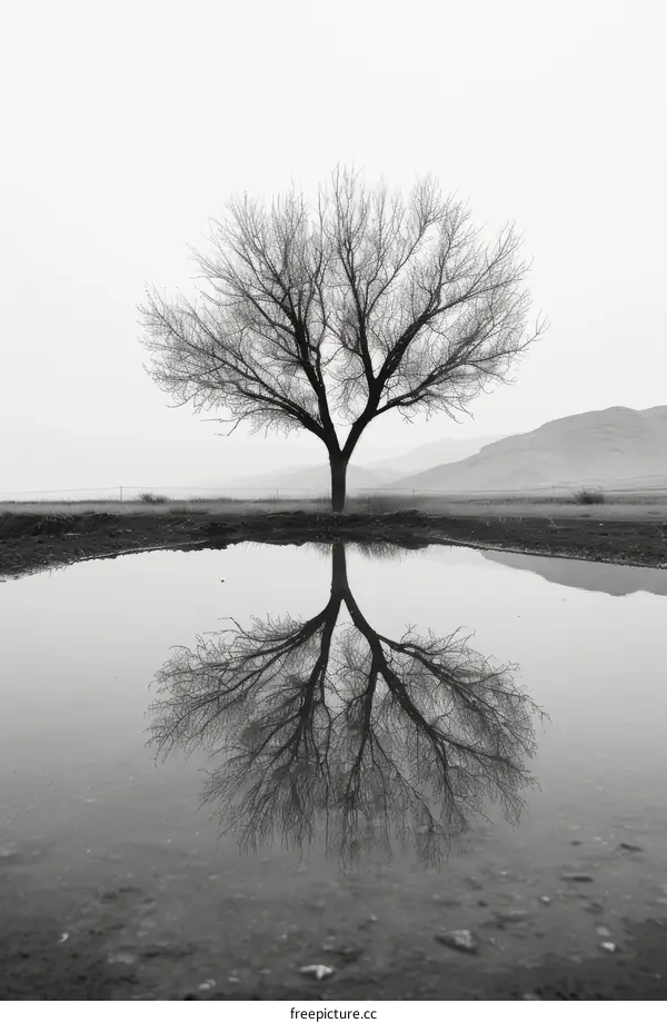 Black and white photo of a tree with no leaves and its reflection in a puddle