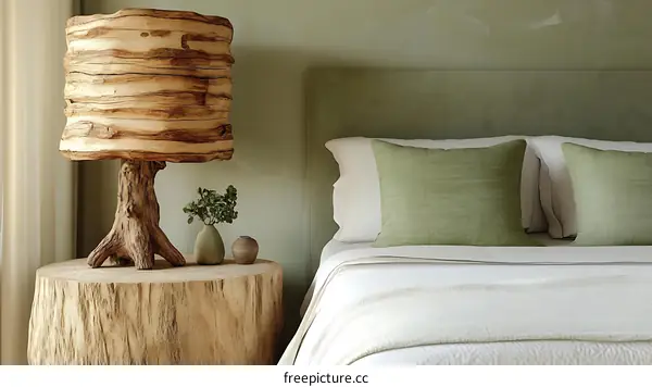 Rustic Wooden Tree Lamp in a Calm Bedroom