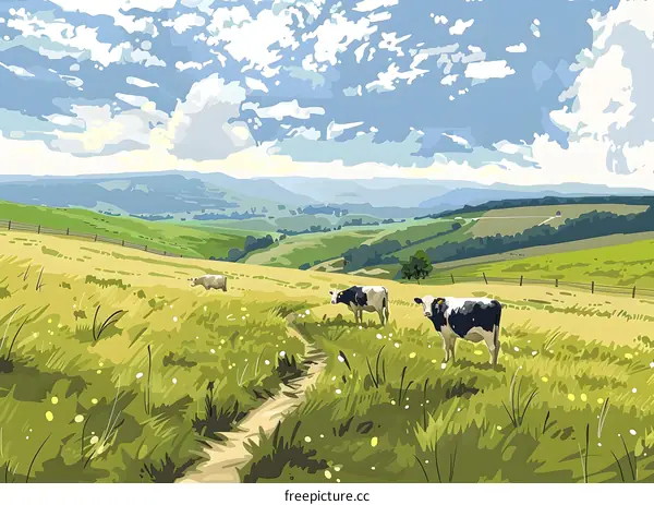 Green Rolling Hills with Cows and a Path