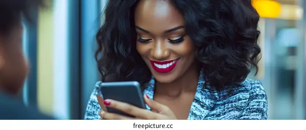 Smiling African American Woman Looking At Phone