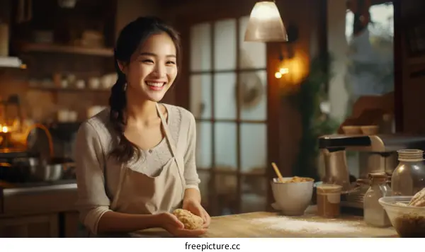 Young smiling Asian woman kneading dough in modern home kitchen