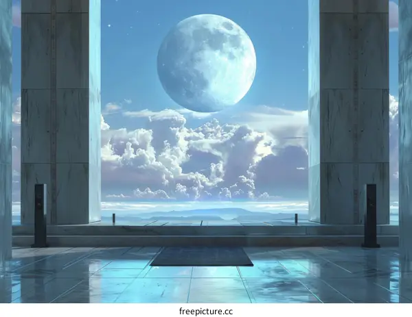 Futuristic Building with a Giant Moon in the Sky