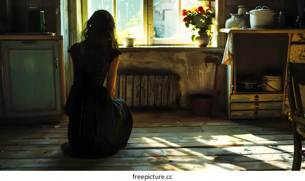 A woman sits on the wooden floor in front of a bright window