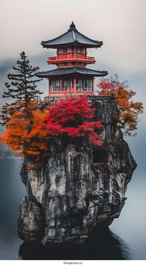 Traditional Japanese Pagoda Perched on Cliffside with Autumn Foliage
