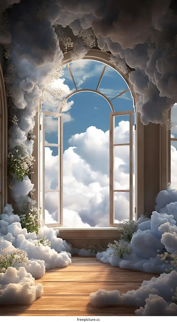 A beautiful surreal photo of a window in the clouds