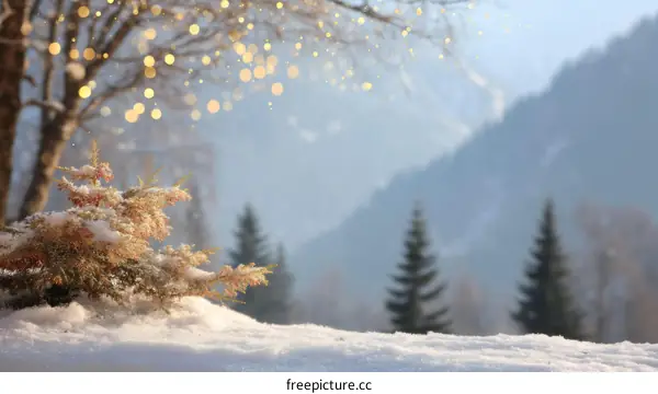 Winter Wonderland Snowy Landscape with Christmas Lights