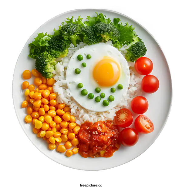 [Transparent Background PNG]Fried Egg with Rice Corn Peas and Tomato Healthy Breakfast Food