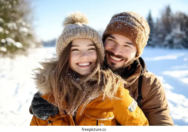 Couple in Winter Wonderland Sharing a Warm Embrace