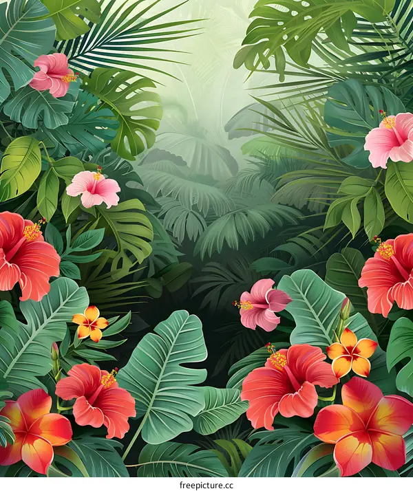 Tropical Rainforest with Lush Green Foliage and Colorful Hibiscus Flowers