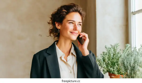 Smiling Business Woman Talking on Phone by Window
