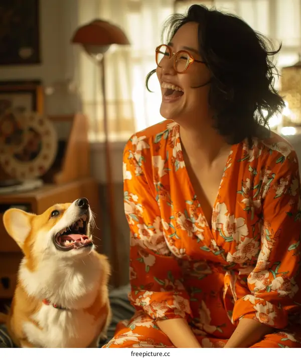 A woman and her corgi dog are laughing together in a living room.