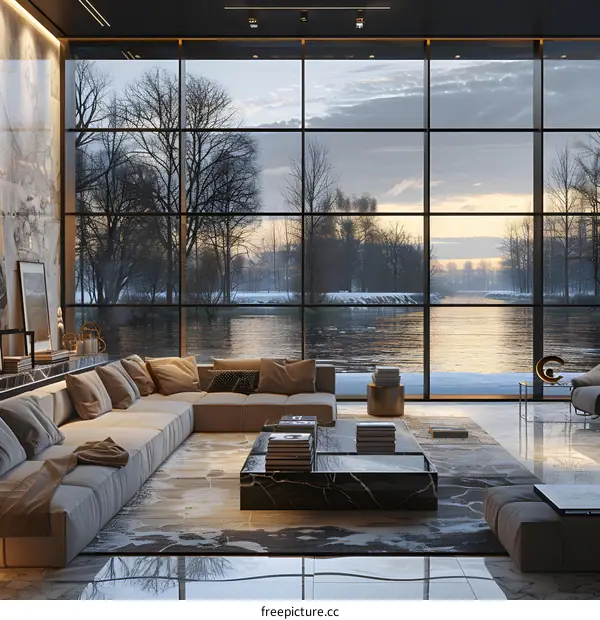 Luxury living room with lake view