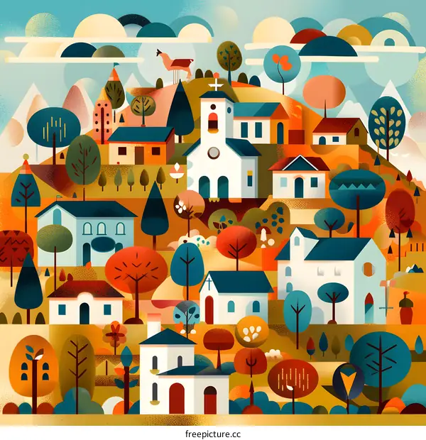 Geometric Illustration of a Colorful Village with Houses and Trees