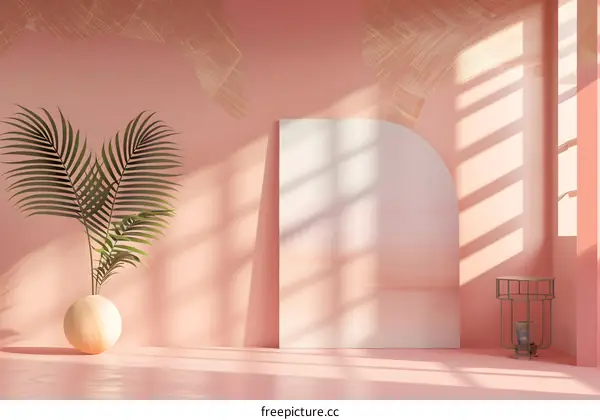 Pink Minimalist 3D Rendering with Palm Leaves and Wooden Vase