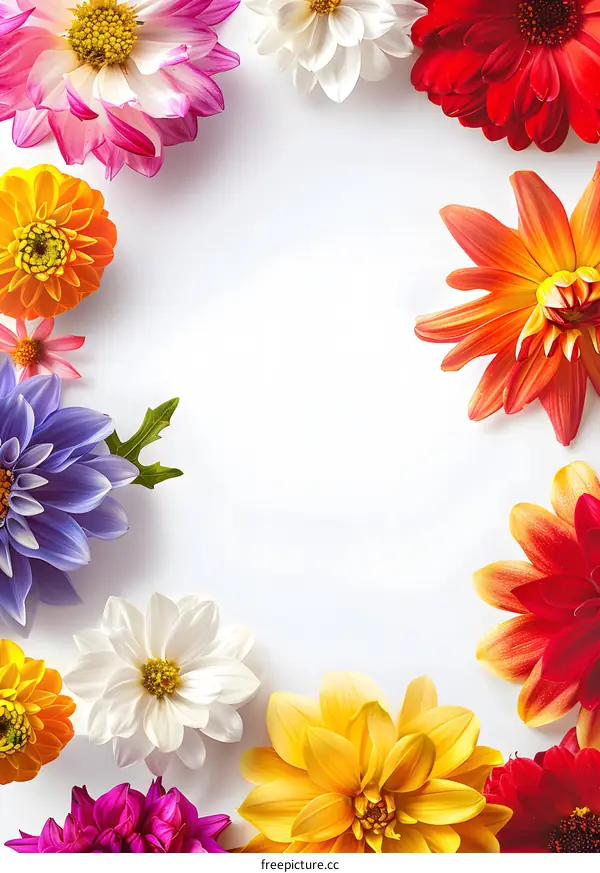 Colorful Flowers Arranged in a Frame Shape on White Background