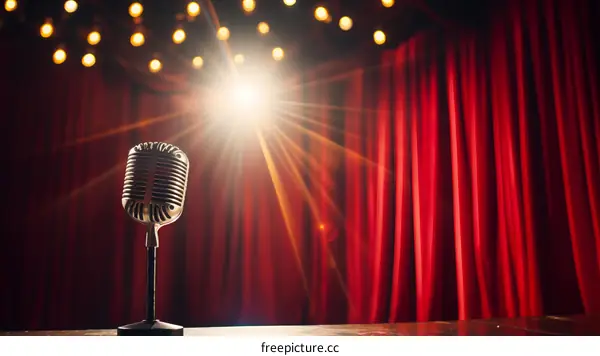 Retro microphone on stage with red curtain background