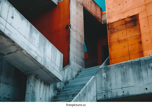 Abstract Architecture with Concrete Staircase and Red Wall