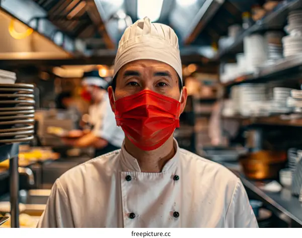 Portrait of a Chef Wearing a Mask in a Busy Kitchen