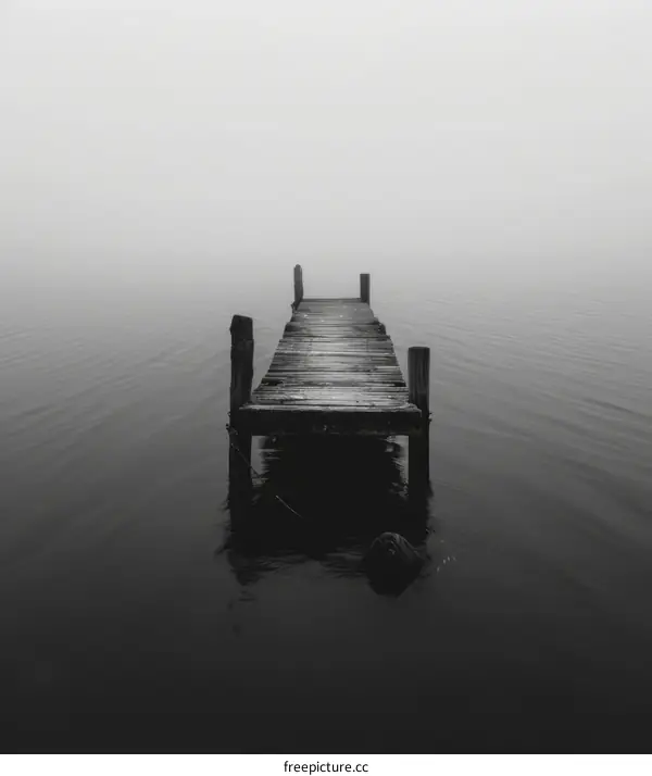 Wooden dock extending into a foggy lake
