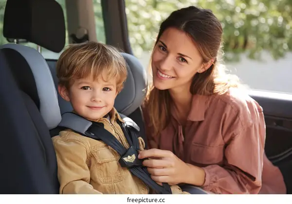 Mother and child in car safety seat