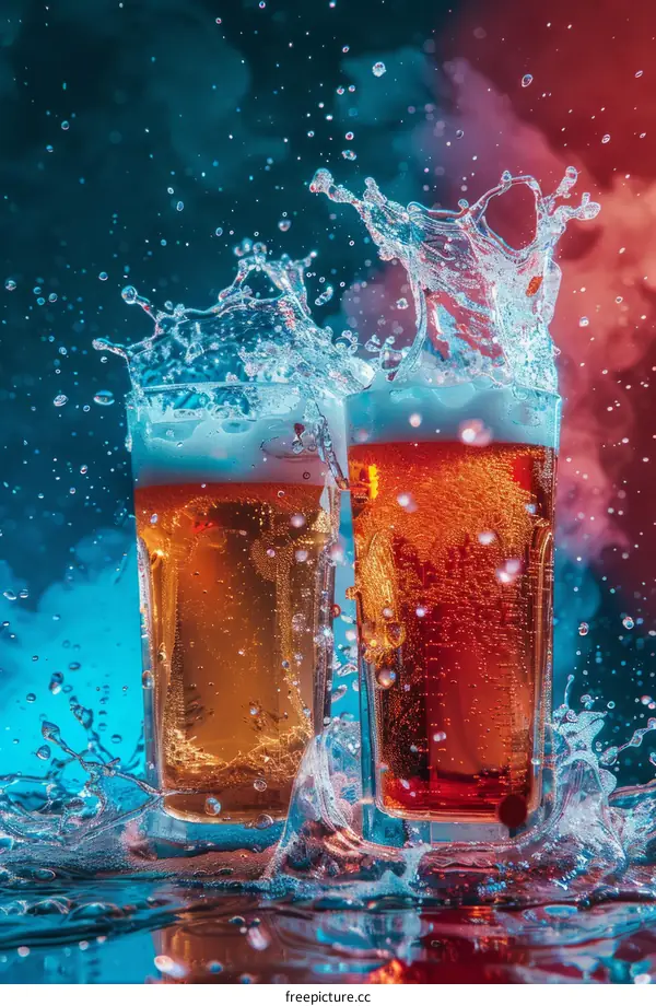 Two glasses of beer with splashing water