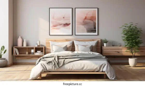 Cozy Modern Minimalist Bedroom Interior with White and Gray Color