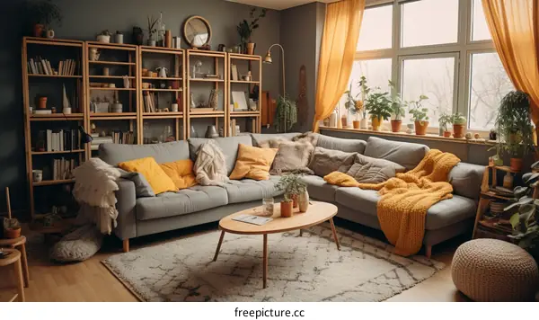 Cozy Living Room with Gray Sofa, Yellow Pillows, and Laptop