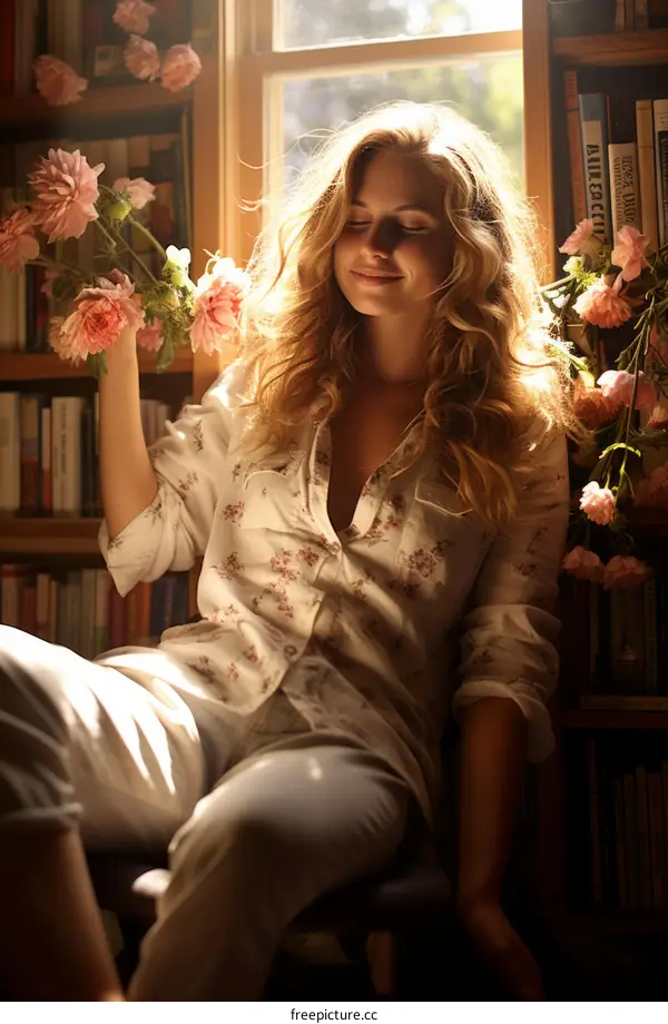 Young woman with blonde hair sitting in a chair in a library, holding pink flowers