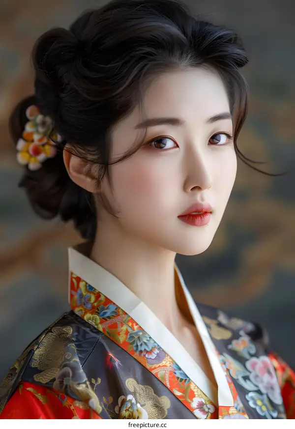 Portrait of a beautiful Korean woman in traditional hanbok dress