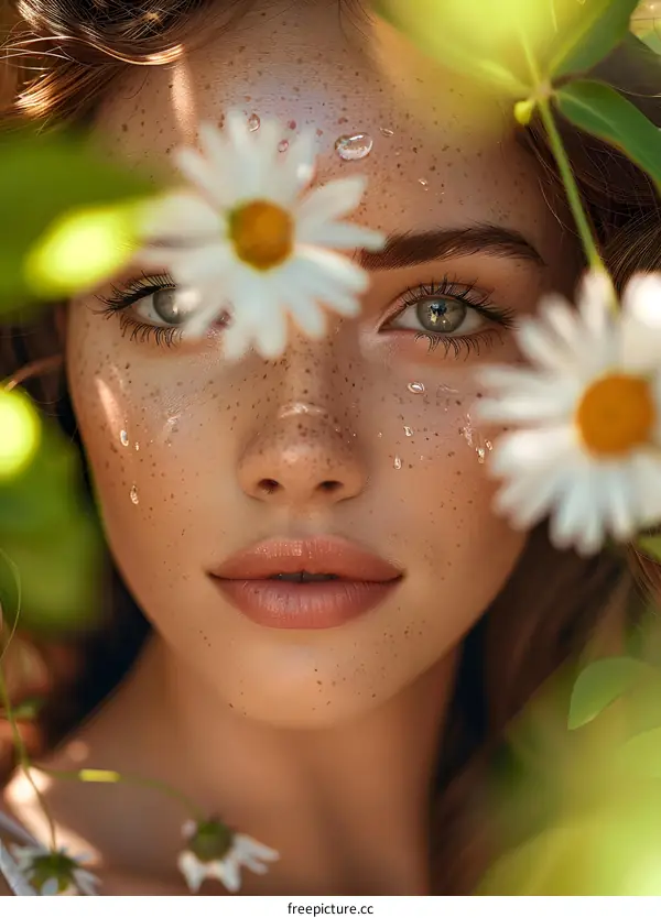 Close Up Portrait of a Young Woman with Freckles and Daisies