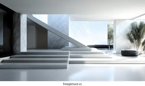 Modern Minimalist Interior Design with Concrete Stairs and White Marble Walls