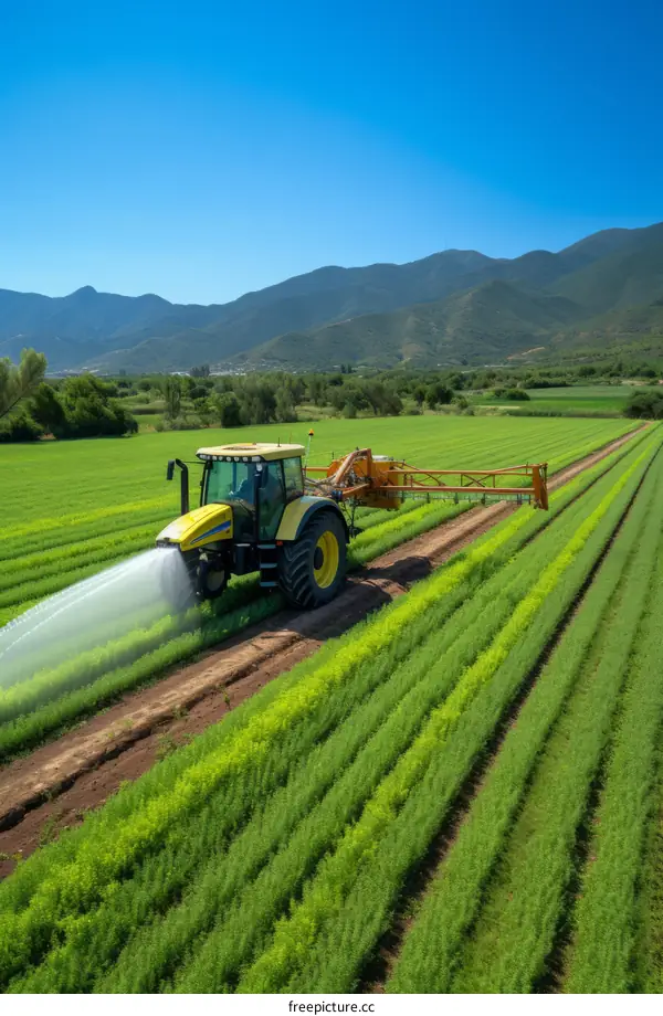 Tractor spraying pesticides on a large green field with mountains in the background