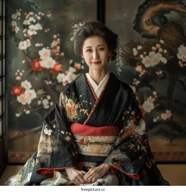 Portrait of a Japanese woman in traditional kimono