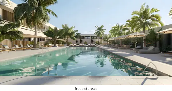 Tropical Resort Swimming Pool with Palm Trees and Lounge Chairs