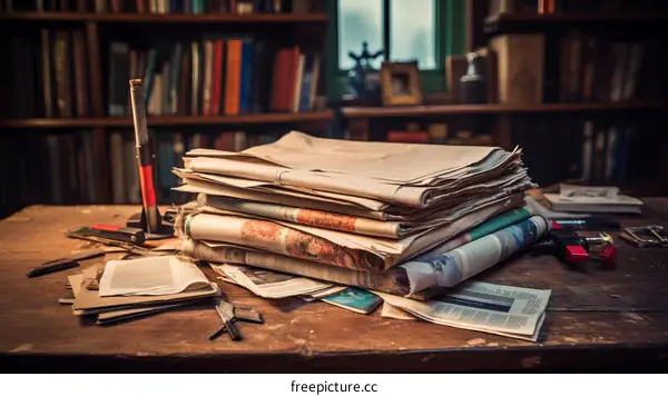 A stack of old newspapers on a wooden table in a library.