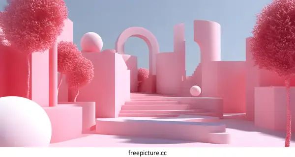 Pink Abstract 3D Cityscape with Trees
