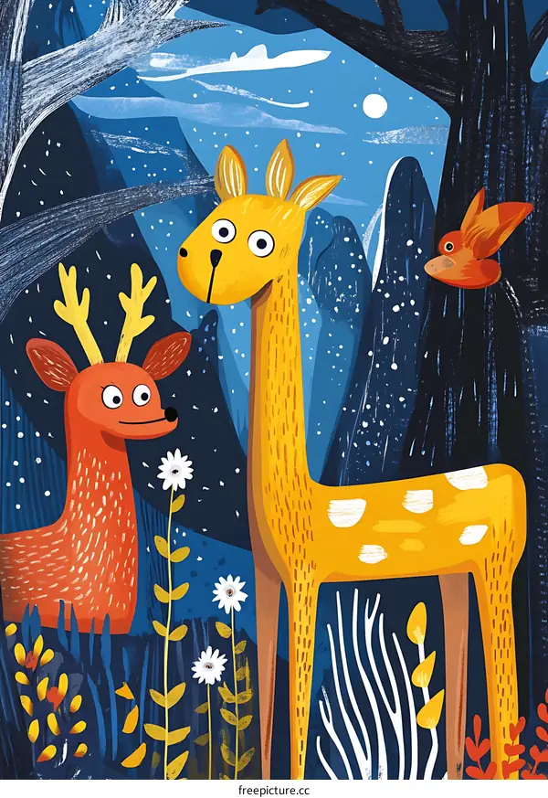 Two Deer in the Forest at Night