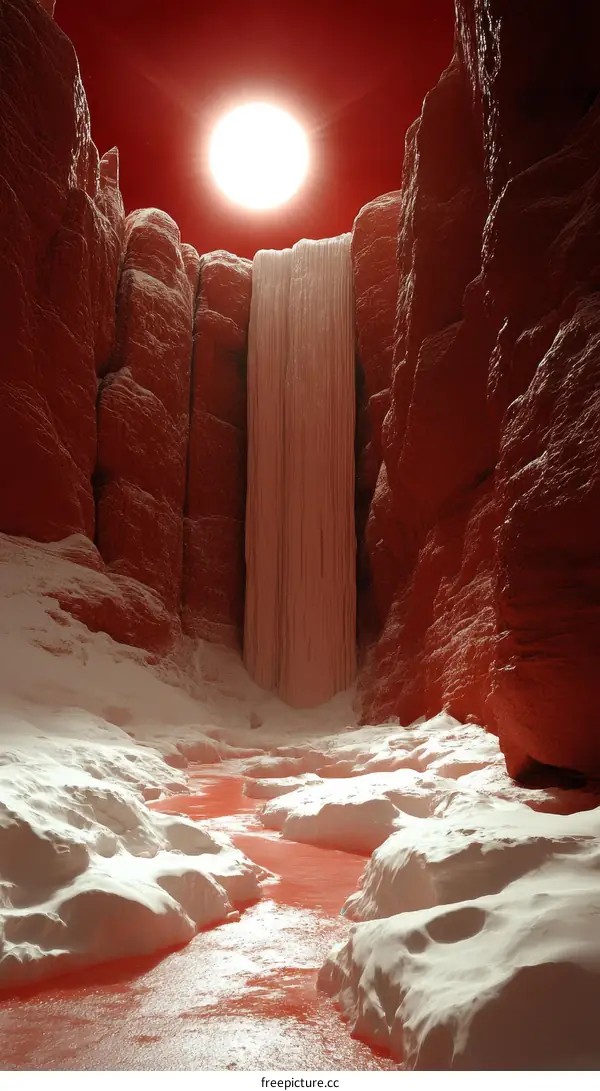 Red Waterfall in a Snowy Canyon
