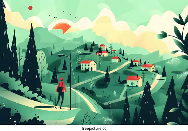 A Man Walks Past the Houses on a Winding Road in a Picturesque Village