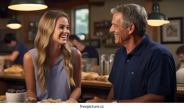 Father and daughter share a lighthearted moment in a cafe