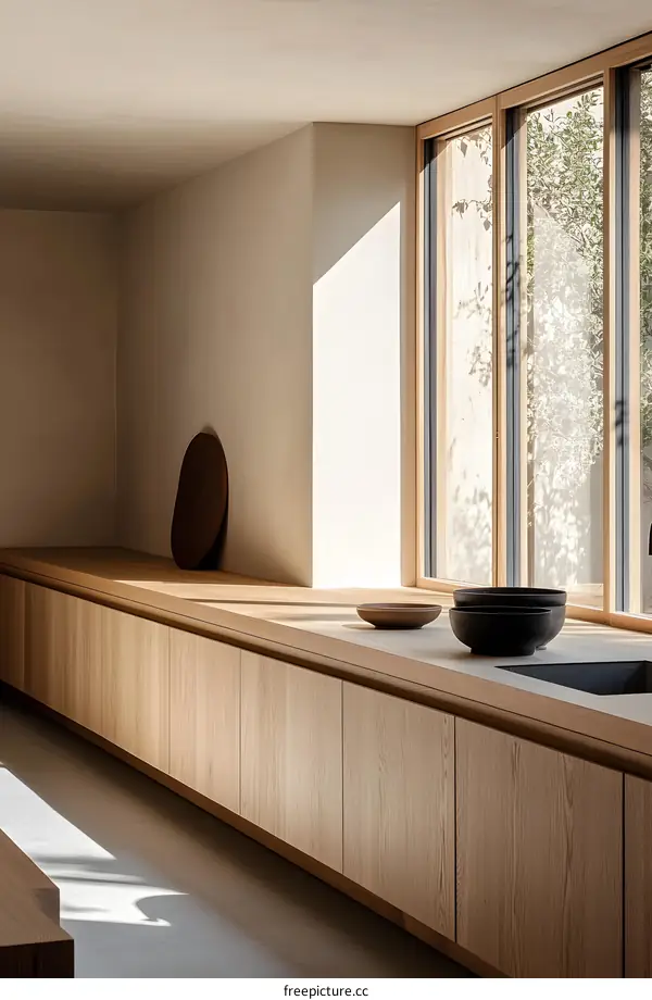 Minimalist Kitchen Design With Wooden Cabinets and Large Window
