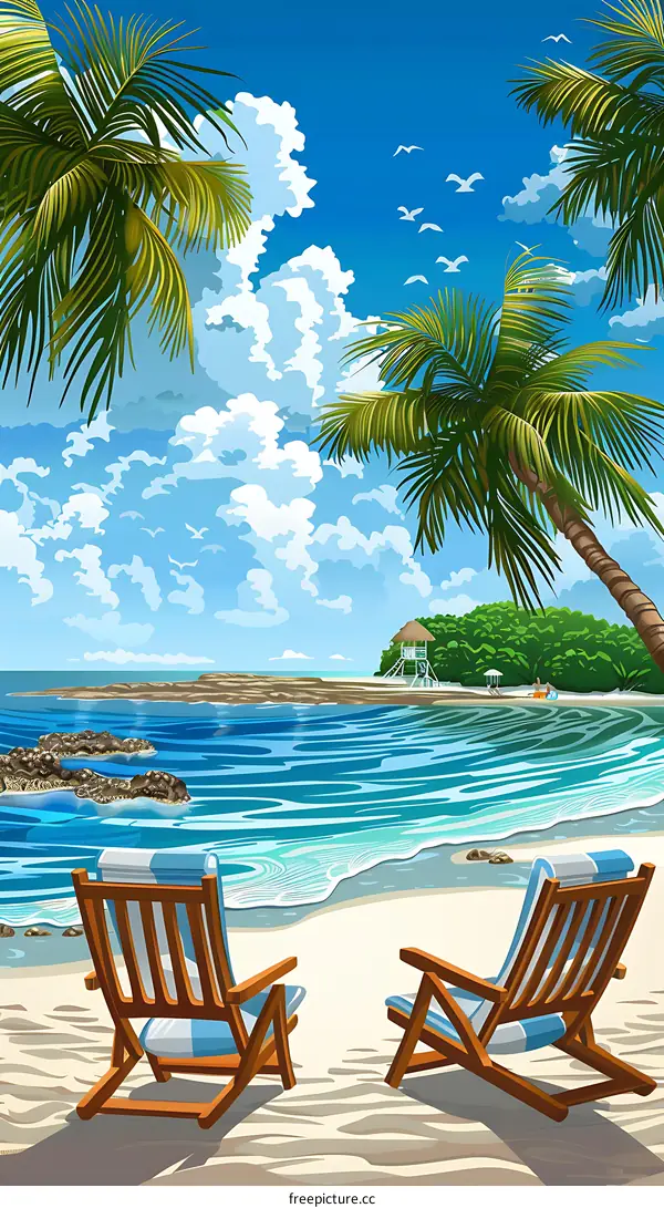 Tropical Beach Landscape Illustration with Palm Trees