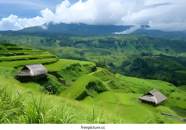 Hut in the middle of green terraced rice fields in Bali, Indonesia