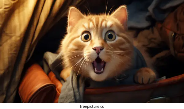 A ginger cat with wide open eyes and mouth